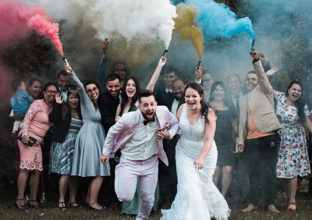 Wedding Guests with Groom and Bride