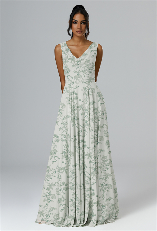 Green floral bridesmaid dress with V-neck and A-line cut.