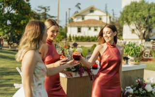 Bridesmaids are clinking glasses with the bride in a sunny garden