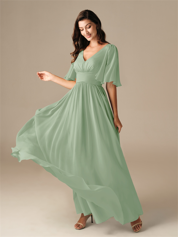 Floor-length sage green dress with pleats