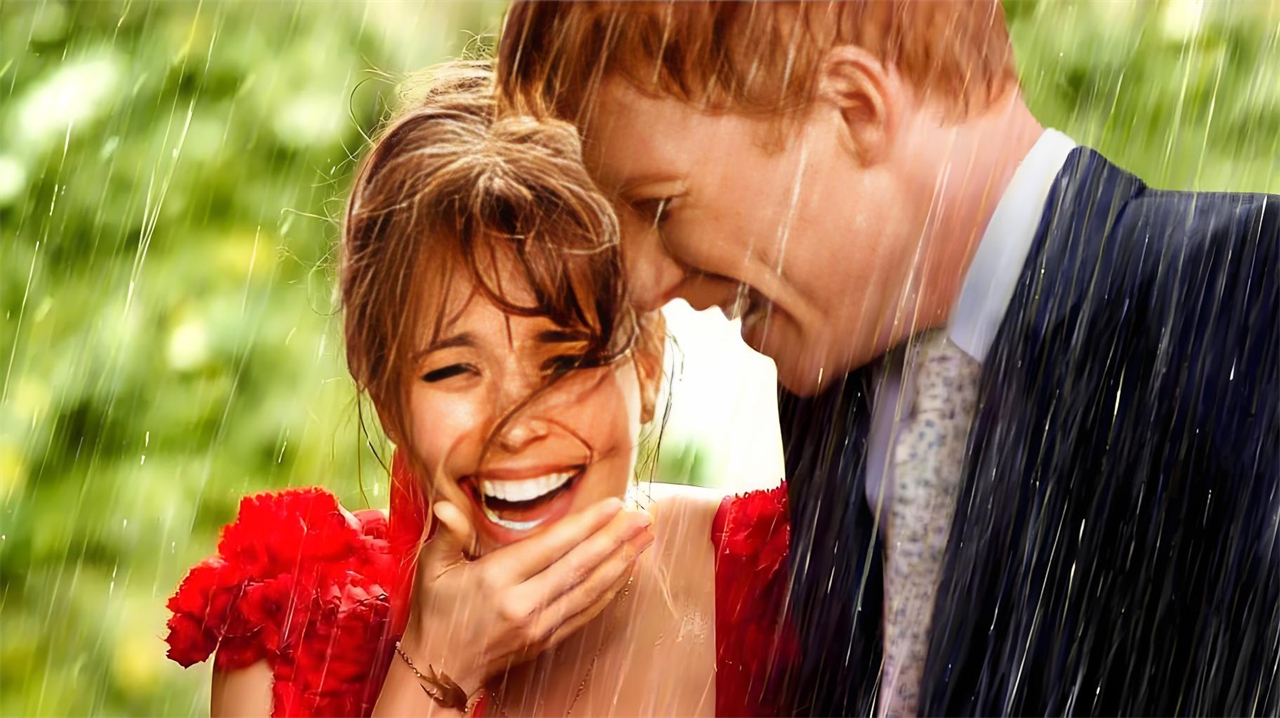 Bride and groom laughing in the rain on their wedding day, from the movie 'About Time'.