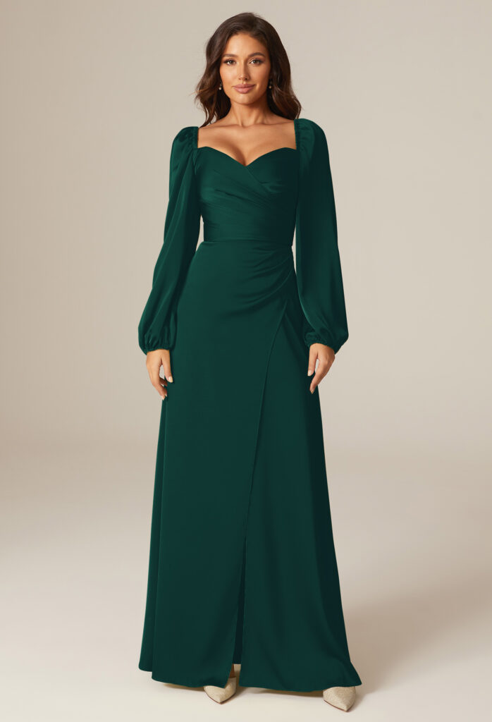  Sophisticated hunter green bridesmaid dress with long sleeves.