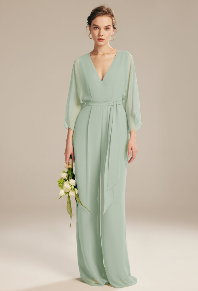 Stylish sage green bridesmaid jumpsuit with a V-neck design.