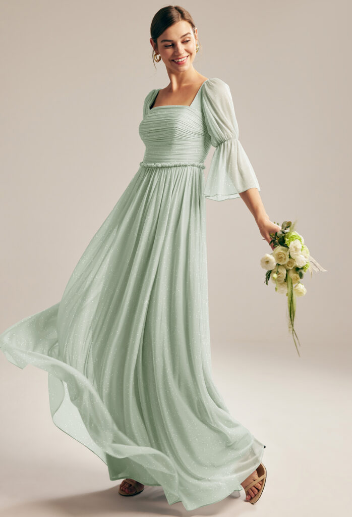 Charming sage green bridesmaid dress with a square neckline.