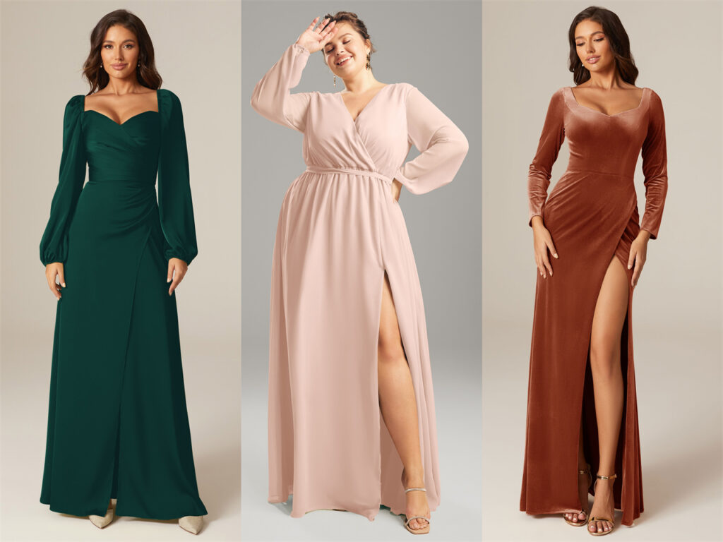 Three women wearing long-sleeved dresses: one in dark green, one in blush pink, and one in rust orange.