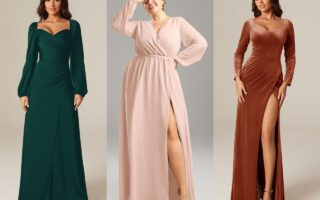 Three women wearing long-sleeved dresses: one in dark green, one in blush pink, and one in rust orange.