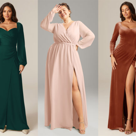 Three women wearing long-sleeved dresses: one in dark green, one in blush pink, and one in rust orange.