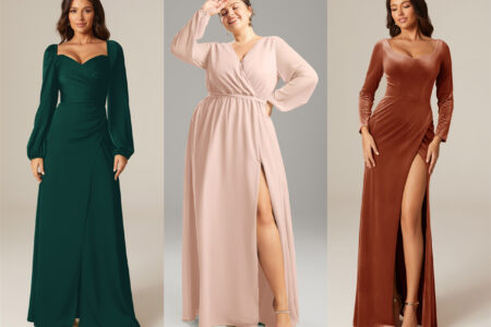 Three women wearing long-sleeved dresses: one in dark green, one in blush pink, and one in rust orange.