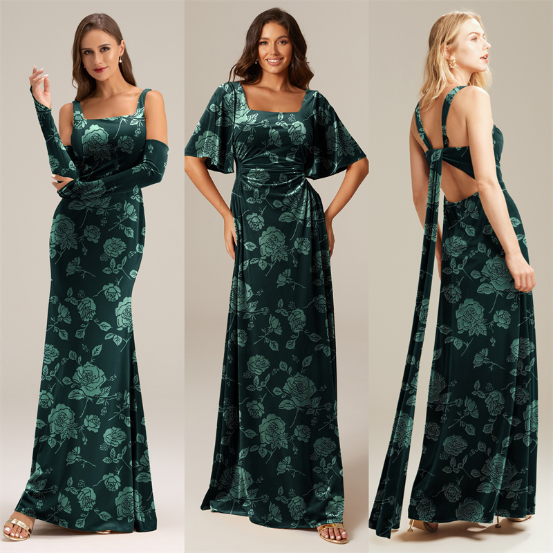 Three models showcasing different styles of emerald floral dresses.