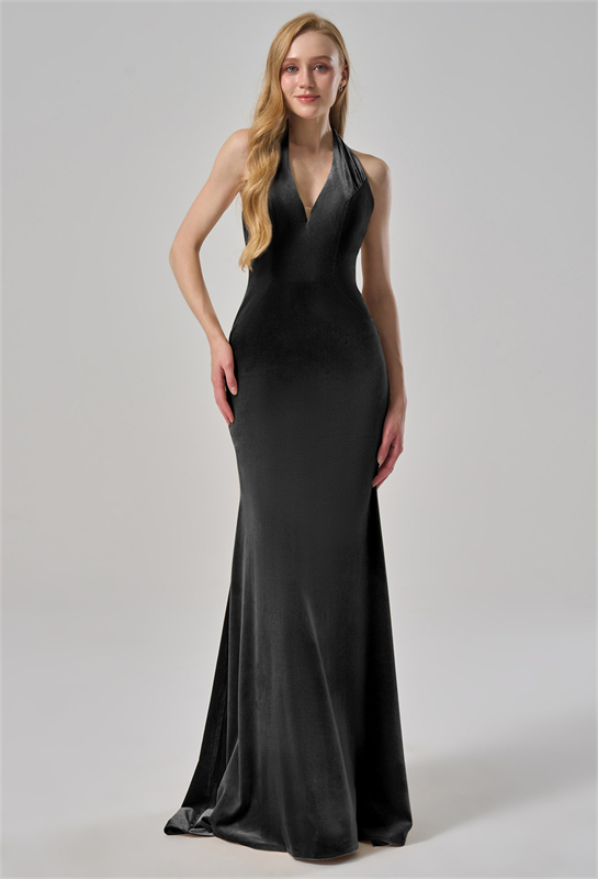 Sleek Black Halter Velvet Evening Dress