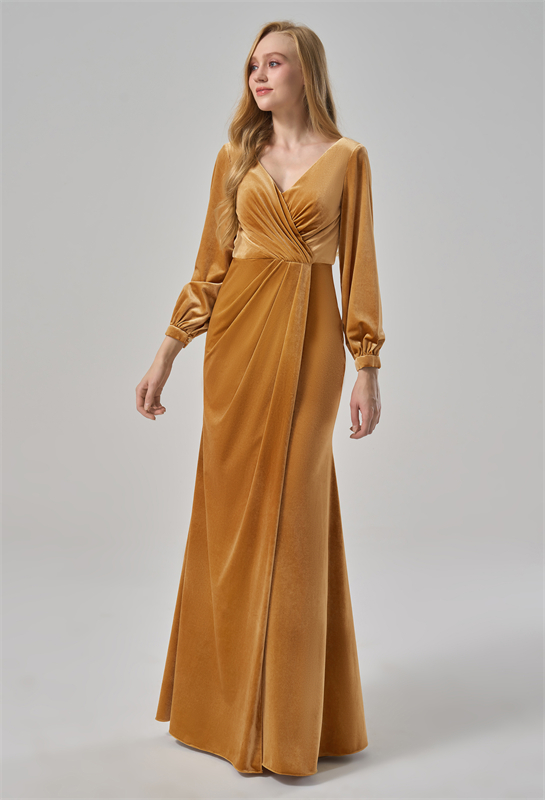 Elegant Gold Velvet Gown with Long Sleeves